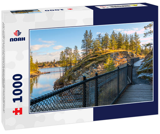 The walking trail and path near the Spokane River to the South Channel Dam Lookout point near the Post Falls Dam in the city of Post Falls Idaho