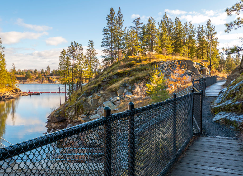 The walking trail and path near the Spokane River to the South Channel Dam Lookout point near the Post Falls Dam in the city of Post Falls Idaho