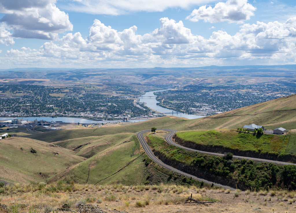 Cityscape view of Lewiston Idaho, as seen from Lewiston Hill Overlook on a summer day