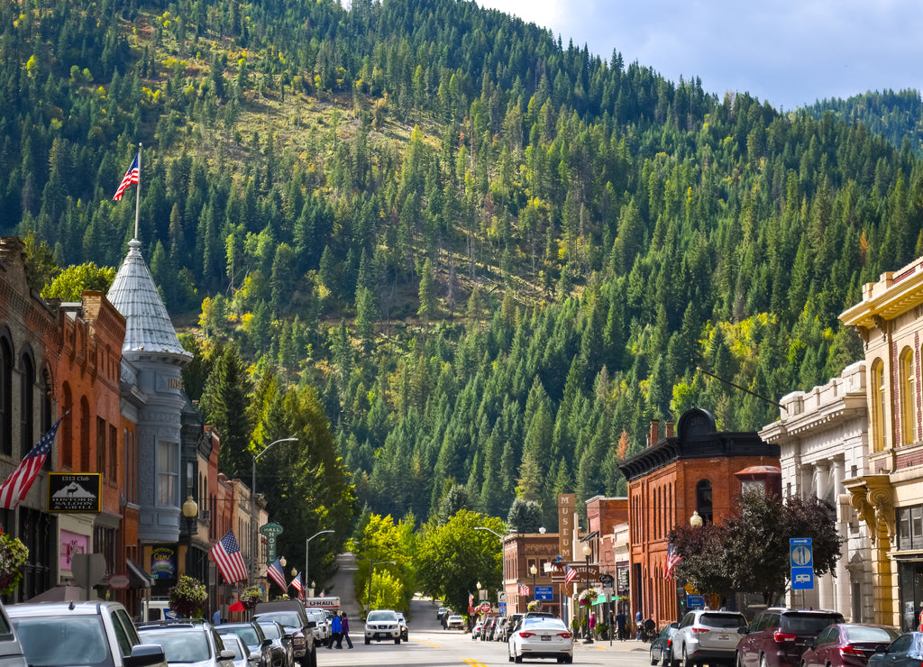 Main street with it's turn of the century brick buildings in the historic mining town of Wallace, Idaho, in the Silver Valley area of Northwest USA