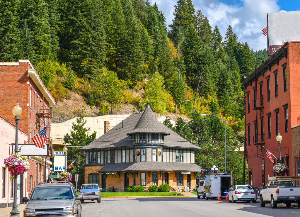 Picturesque turn of the century buildings in the historic mining mountain town of Wallace, Idaho, USA, a Superfund site due to comtamination