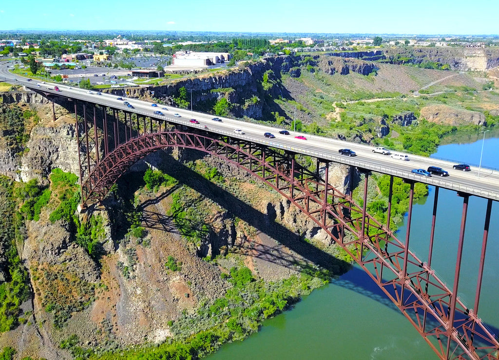 Perrine Bridge, Twin Falls, Idaho, USA - Distant Aerial View Over River Canyon With Cars Driving On Road