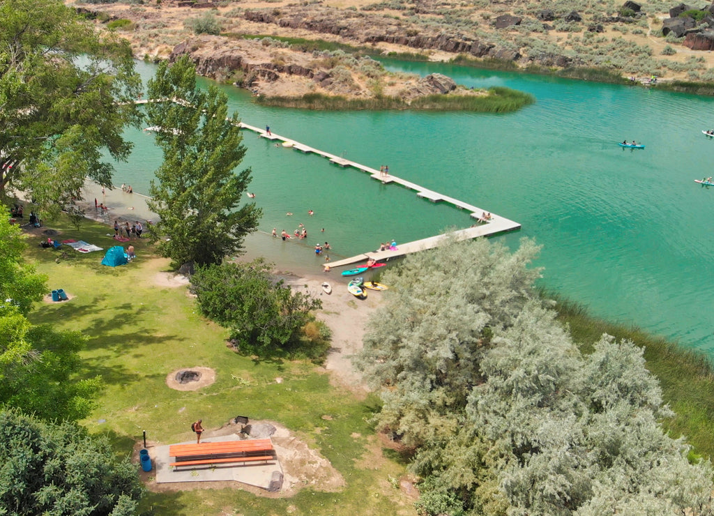 Dierkes Park Lake in summer on a beautiful sunny day, Twin Falls, Idaho. Aerial view from a drone