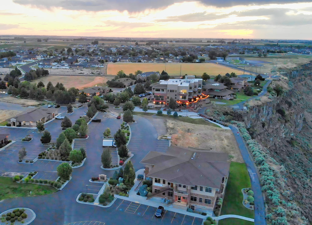 Aerial view of Twin Falls countryside at sunset with Snake River and Canyon, Idaho - USA