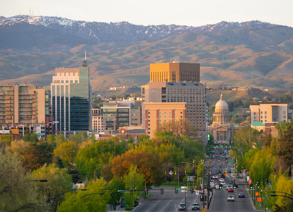 The Idaho State Capital Building Peaks Out Between Structures in Boise