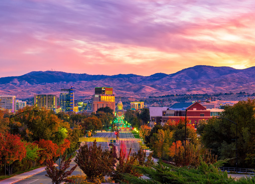 Boise Idaho skyline morning sunrise with light street traffic