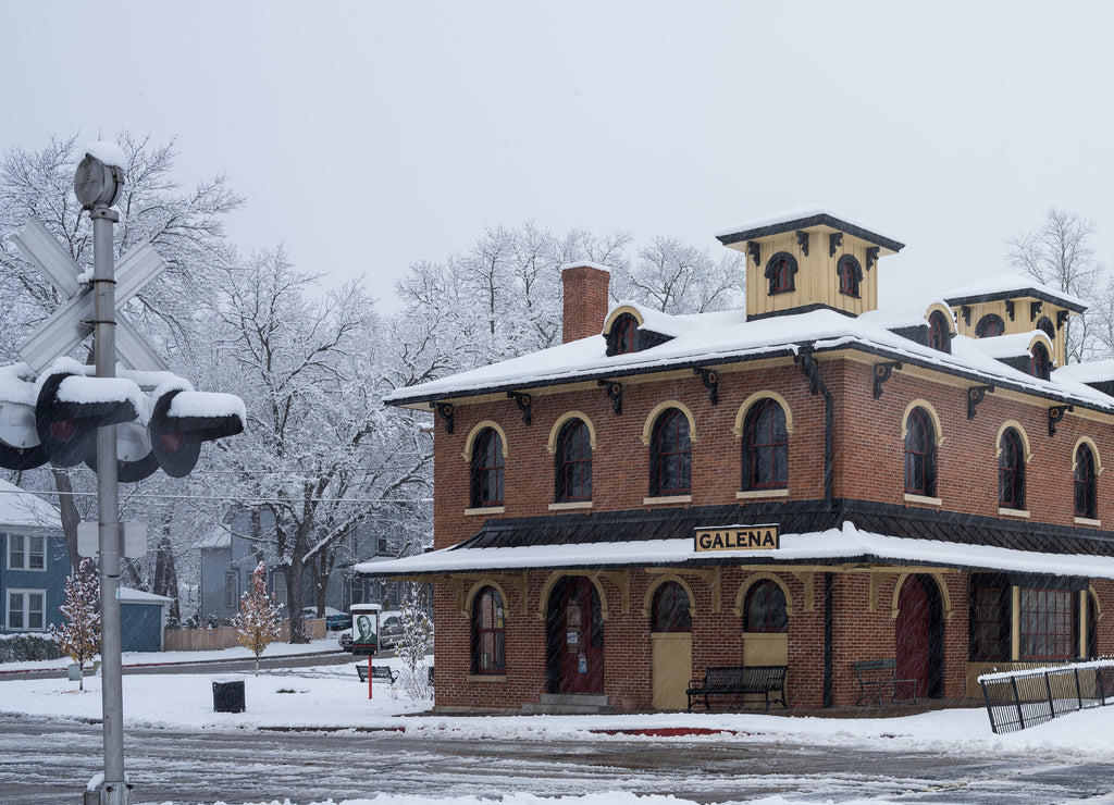 Historic Galena Illinois Train Depot in Snow