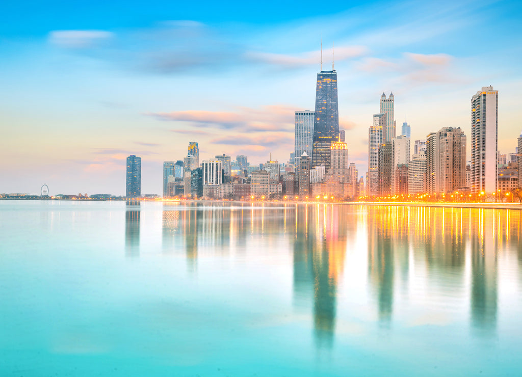 Downtown chicago skyline at sunset Illinois