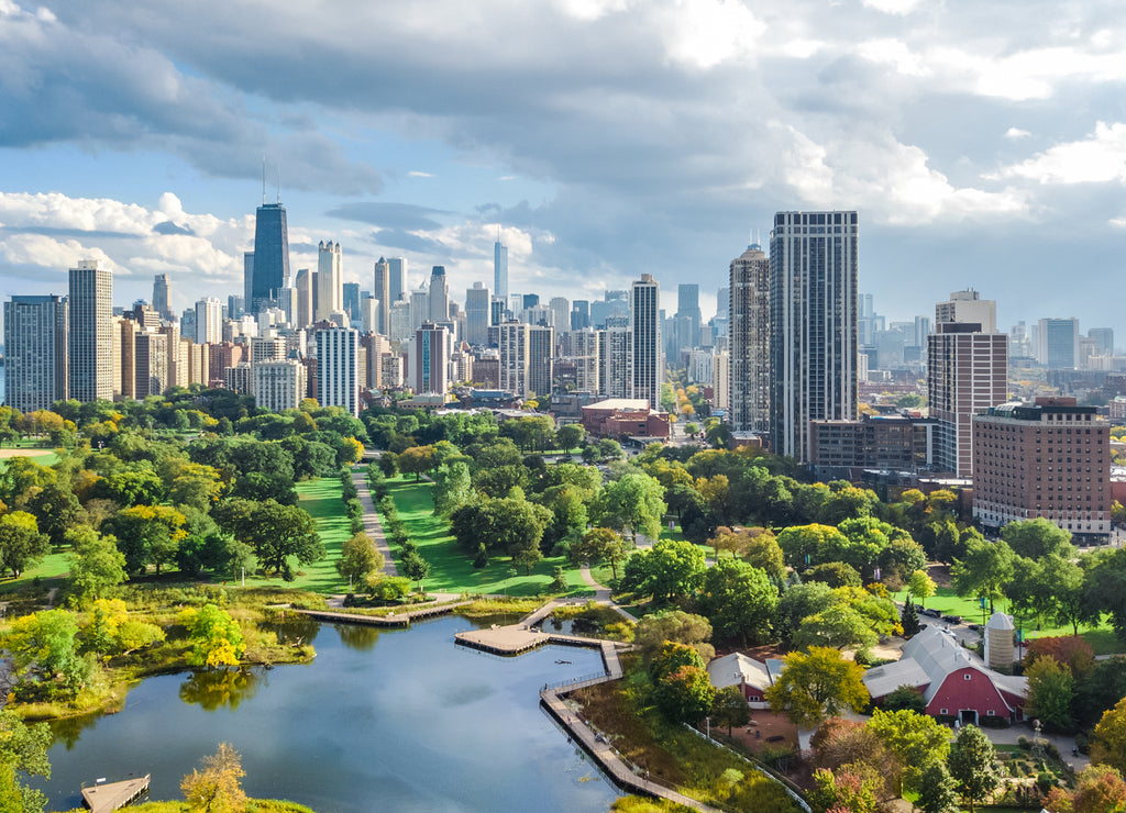 Chicago downtown skyscrapers cityscape from Lincoln park, Illinois, USA