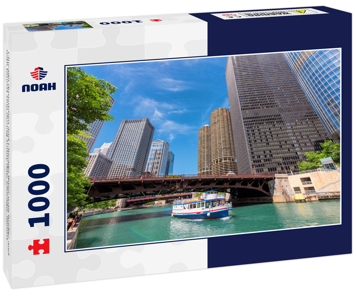 Chicago downtown and Chicago River with bridge and with tourist ship during sunny day, Chicago, Illinois