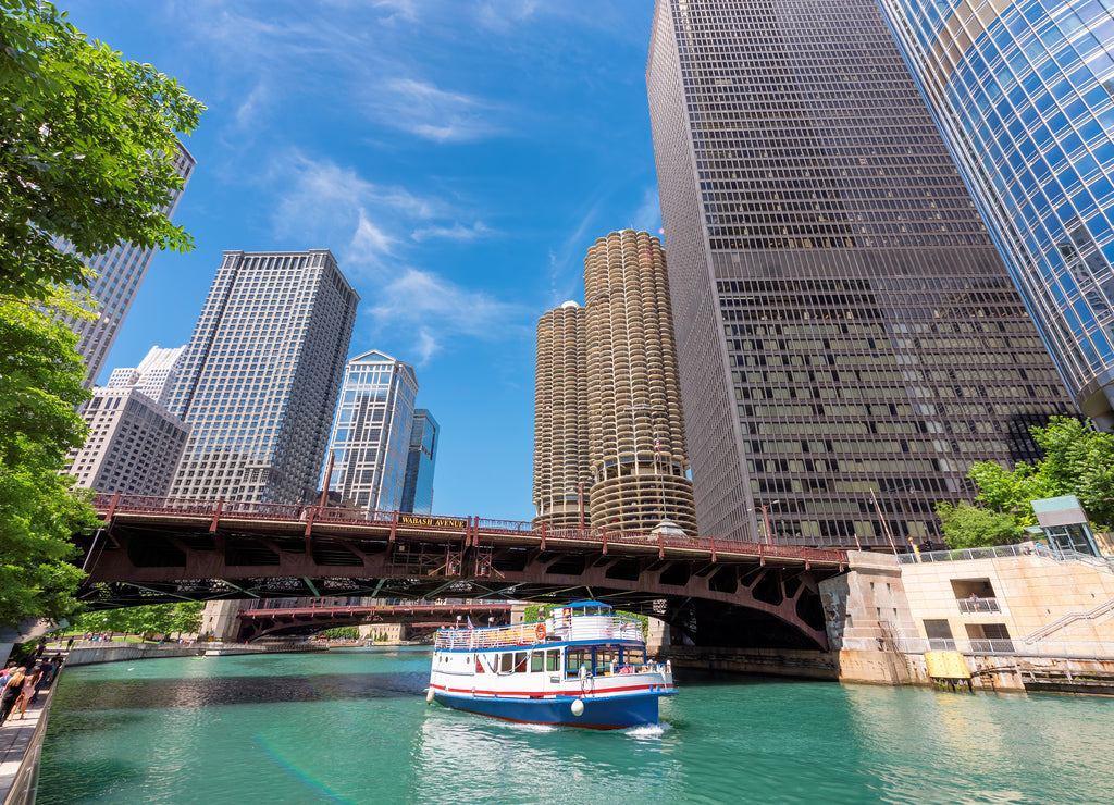 Chicago downtown and Chicago River with bridge and with tourist ship during sunny day, Chicago, Illinois