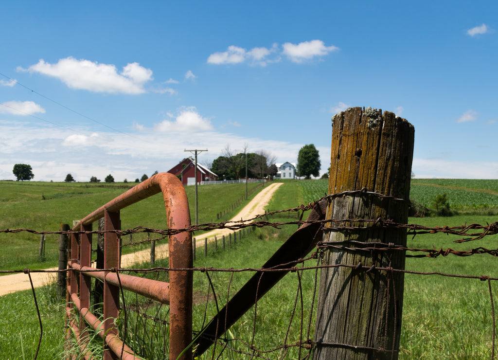 Old wooden post and rusted barb wire in rural countryside. Ogle County, Illinois, USA
