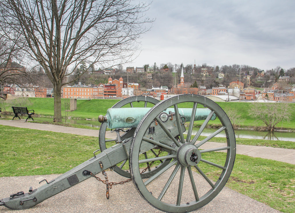 Civil War cannon in Grant Park overlooking the city of Galena, Illinois