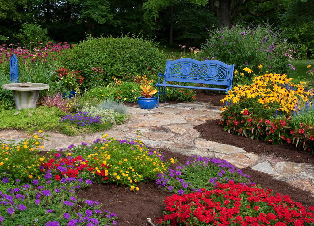 Beautiful backyard garden and bench, Marion County, Illinois