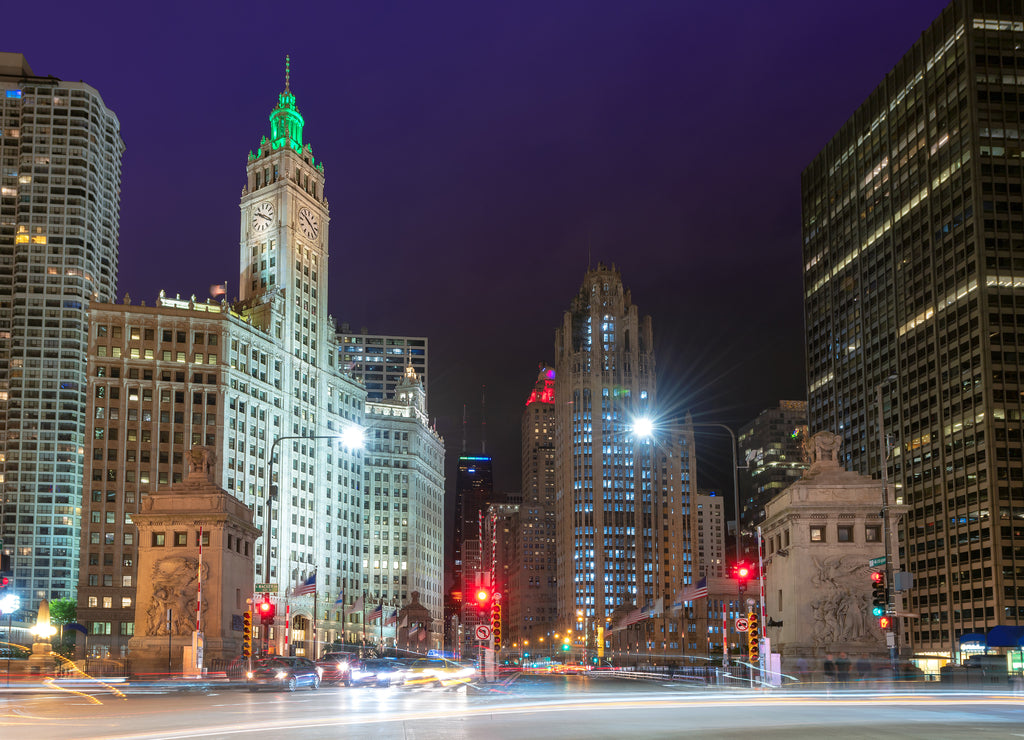 Chicago City skyline at night, Michigan Avenue, Chicago, Illinois, USA