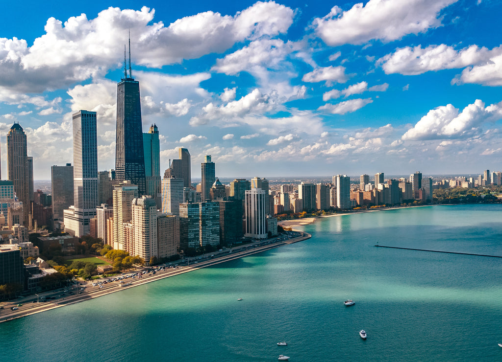 Chicago skyline aerial drone view from above, city of Chicago downtown skyscrapers and lake Michigan cityscape, Illinois, USA