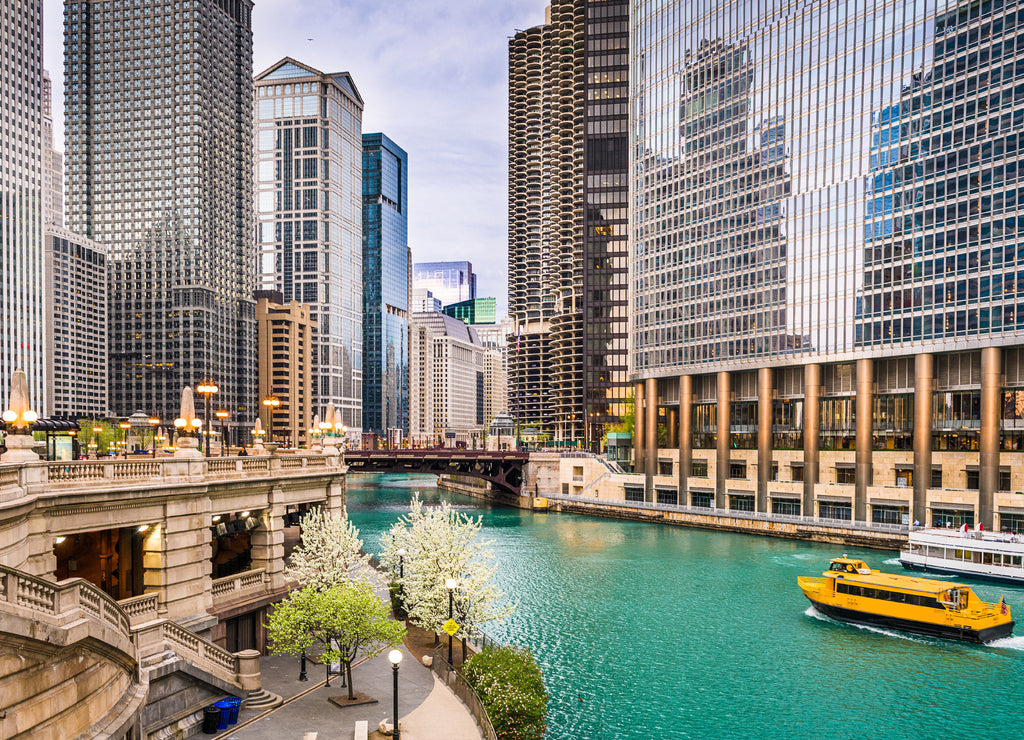 Chicago, Illinois, USA sightseeing cruise and skyline on the river