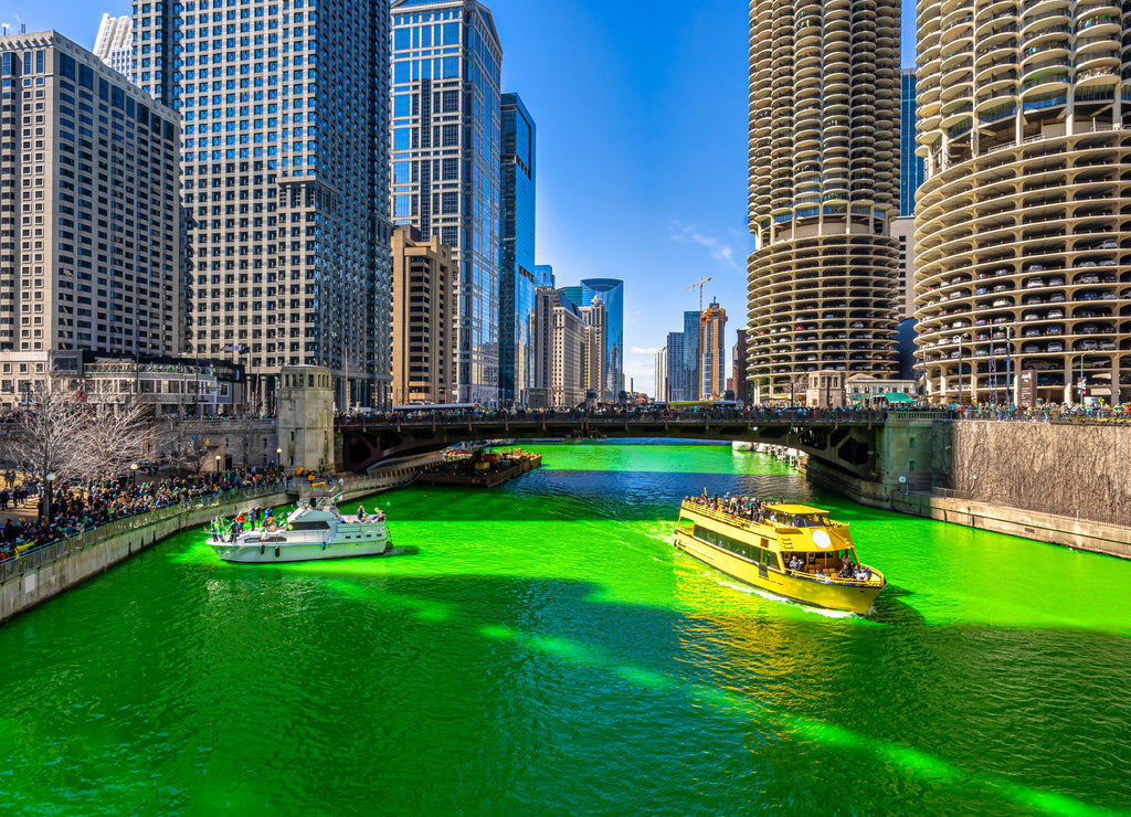 Chicago building and cityscape on Saint Patrick's day, Illinois