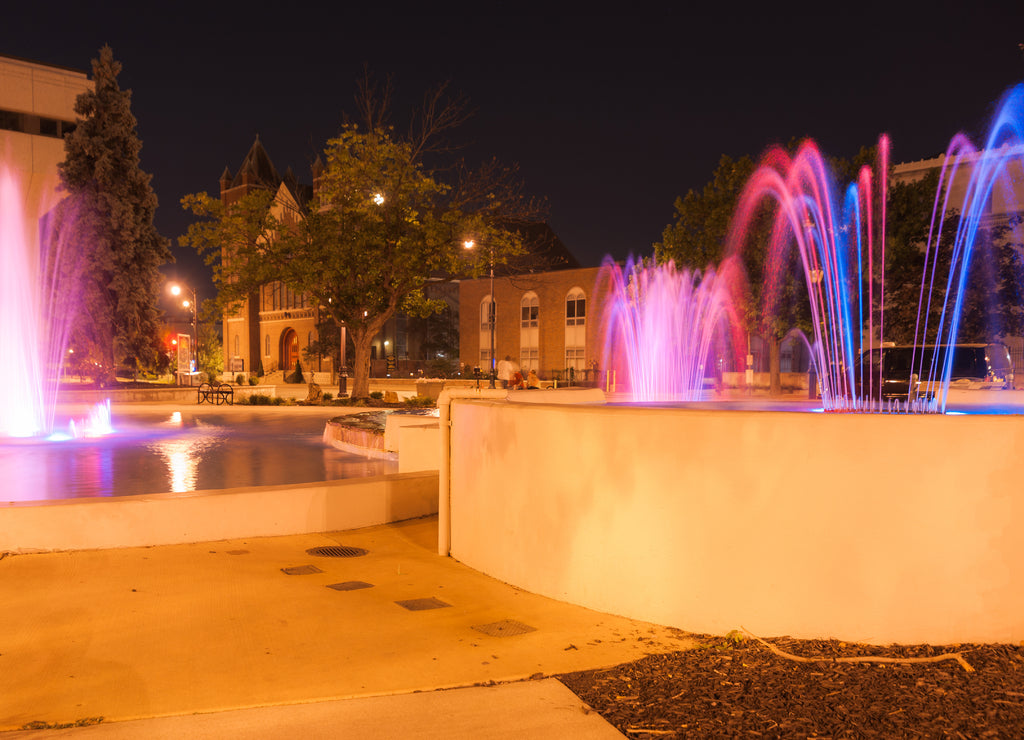 Fountains and night lights. Springfield, Illinois, USA