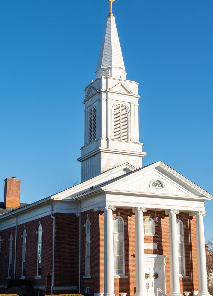 Old church and spire in Geneseo, Henry county, Illinois