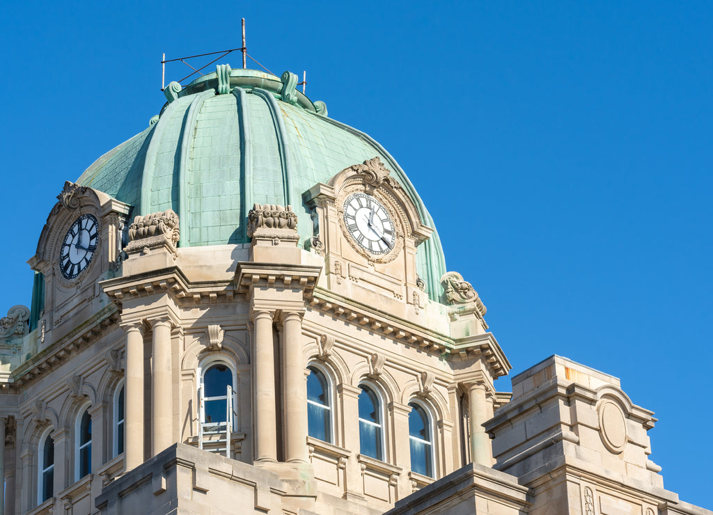 Architectural detail of the Kankakee county courthouse dome and clock. Kankakee, Illinois, US