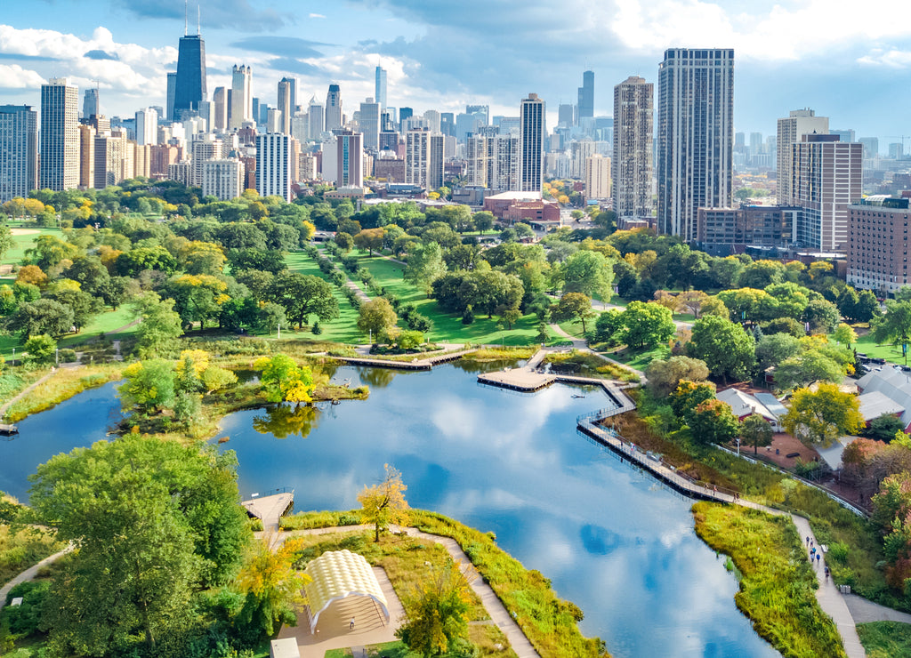 Chicago skyline aerial drone view from above, lake Michigan and city of Chicago downtown skyscrapers cityscape from Lincoln park, Illinois, USA