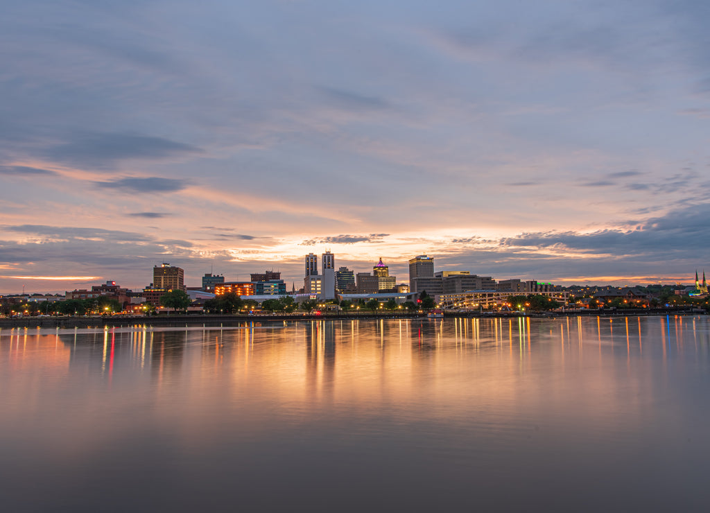 Landscape of Peoria Illinois Downtown Riverfront at Sunset