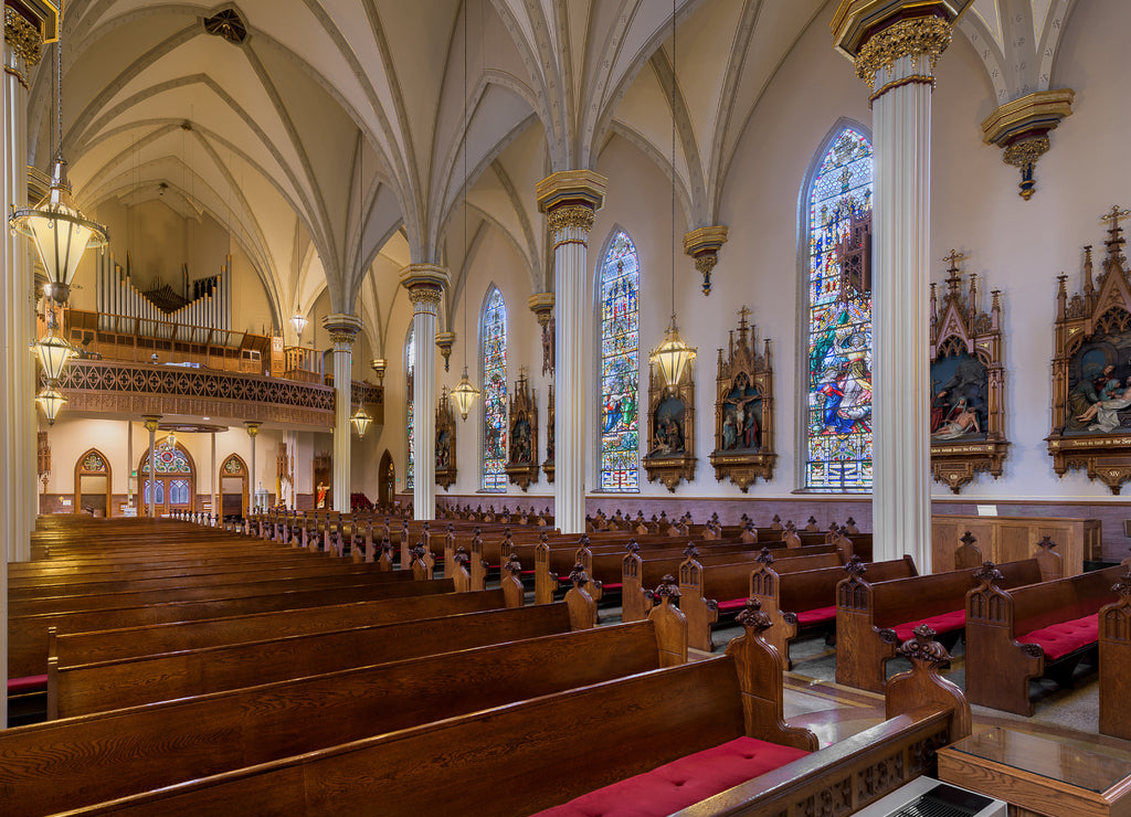 Panorama of the interior of the historic Cathedral of the Immaculate Conception in Fort Wayne, Indiana