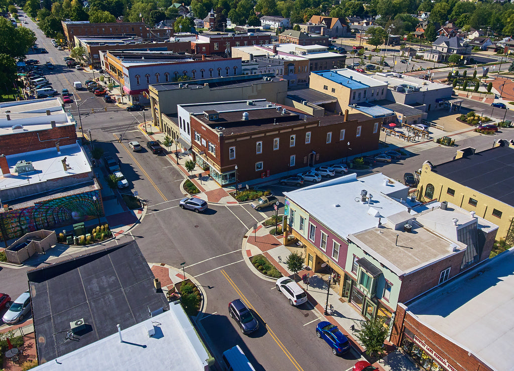 Aerial of Downtown Auburn, Indiana 2021