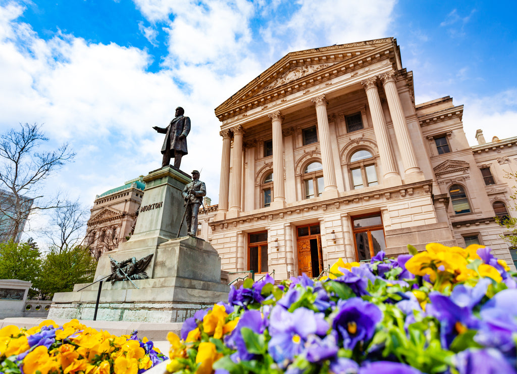 Morton statue in front of Indiana Statehouse, USA