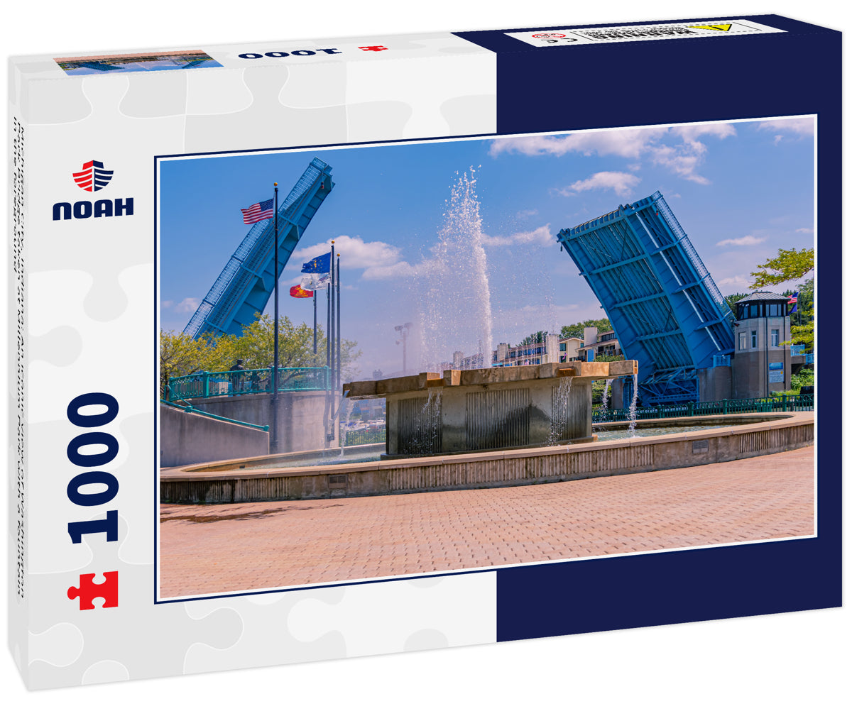 Michigan City, Indiana: An iconic view of Washington Park Bridge taken at Millennium Park with a fountain in the foreground