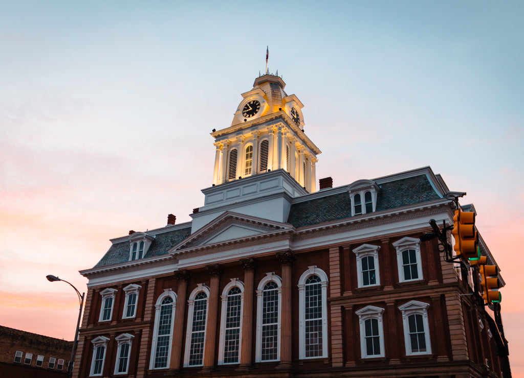 a view of the old courthouse in Indiana PA at sunset