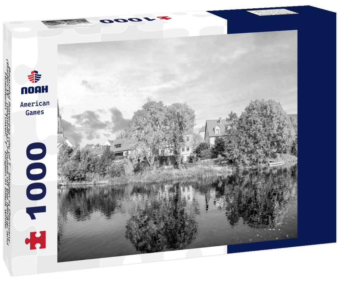 Noah Jigsaw Puzzle Beautiful flowering city of Tübingen in Germany (Baden-Württemberg). Houses on the Neckar and Hoelderlin Tower, Tübingen in black white 1000 pieces