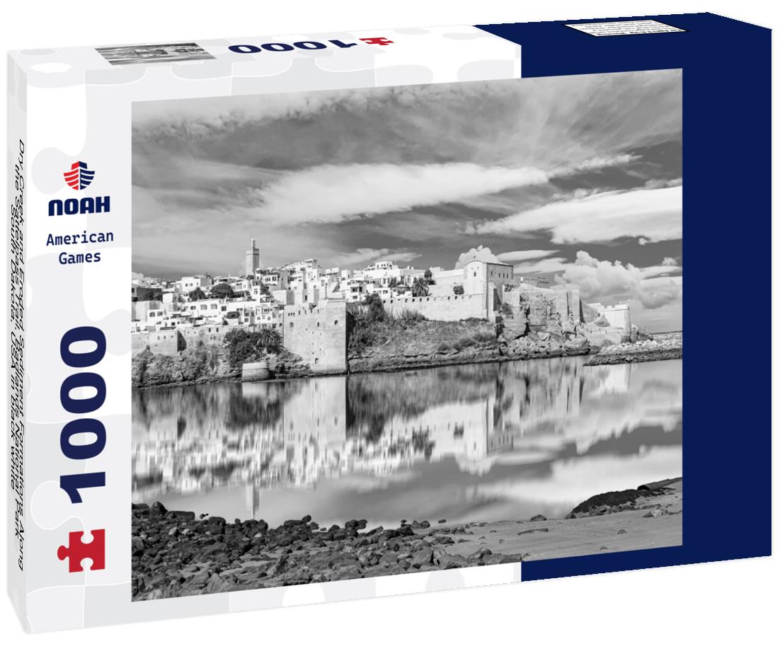 Noah Jigsaw Puzzle Dry Creek and Eroded Sediment Formations Along the Sattelpass Trail, Badlands National Park, South Dakota, USA in black white 1000 pieces