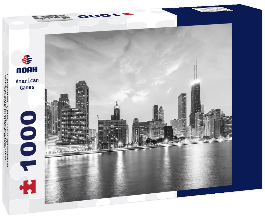 Noah Jigsaw Puzzle Cincinnati, Ohio, USA downtown skyline and bridge on the river at dusk in black white 1000 pieces