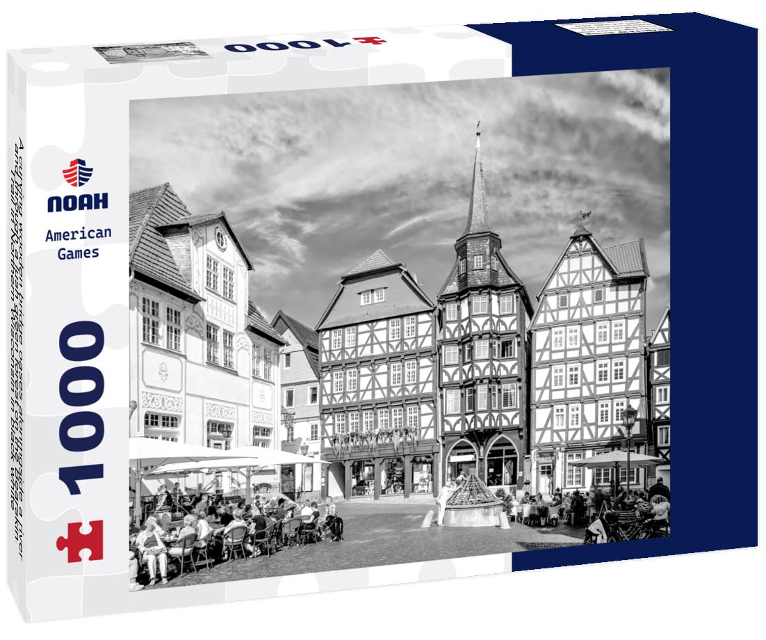 Noah Jigsaw Puzzle A curving wooden bridge oases alonmgside a river and through a lush green forest on the Bearskin Trail in Northern Wisconsin in black white 1000 pieces