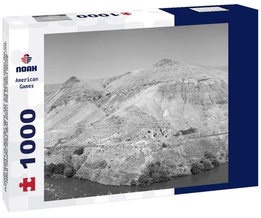 Noah Jigsaw Puzzle Aerial view of the coast with blue ocean water and houses along the sand at the beach, cars driving on the road and blue sky with clouds in Huntington Beach California USA in black white 1000 pieces