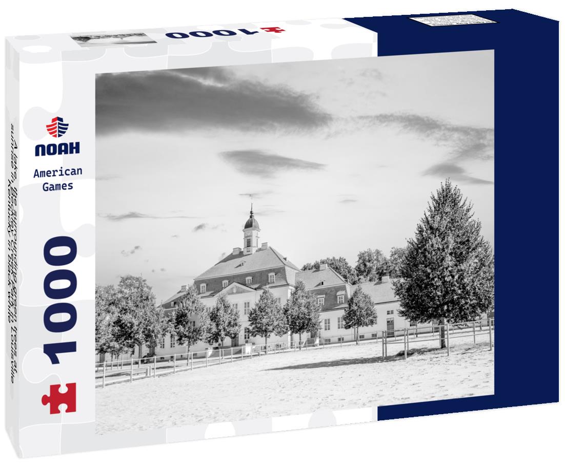 Noah Jigsaw Puzzle A lake, the surrounding green trees at sunrise in Beckley Creek Park in Louisville, Kentucky in black white 1000 pieces