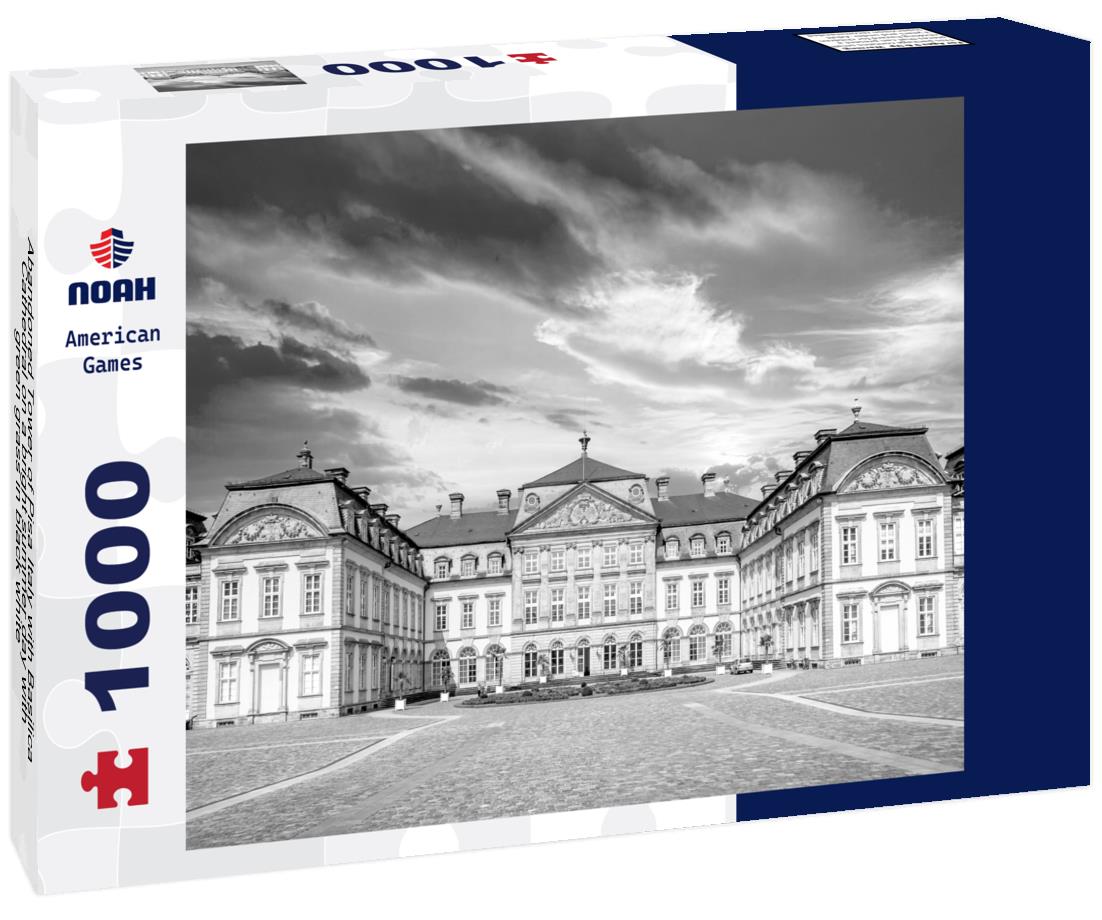 Noah Jigsaw Puzzle Abandoned Tower of Pisa Italy with Basilica Cathedral on a bright summer day with green grass in black white 1000 pieces