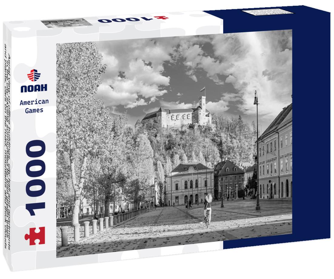 Noah Jigsaw Puzzle Aerial view of office buildings, city hall and apartments in the city skyline surrounded by lush green trees and plants, cars on the road, mountains and thick clouds at sunset in Pasadena in black white 1000 pieces