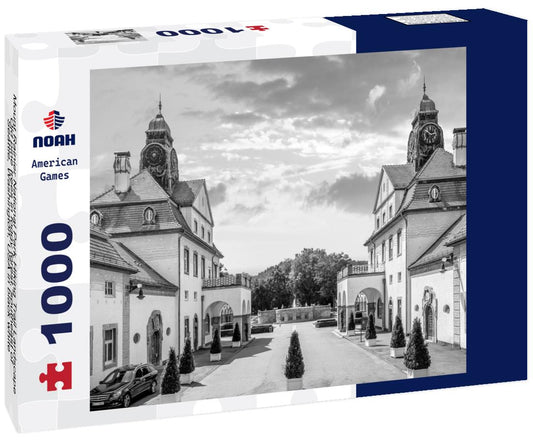 Noah Jigsaw Puzzle Mount Rainier National Park Hiking Trail Landscape, Old pine trees in foggy forest, southeast of Seattle, Washington, USA in black white 1000 pieces