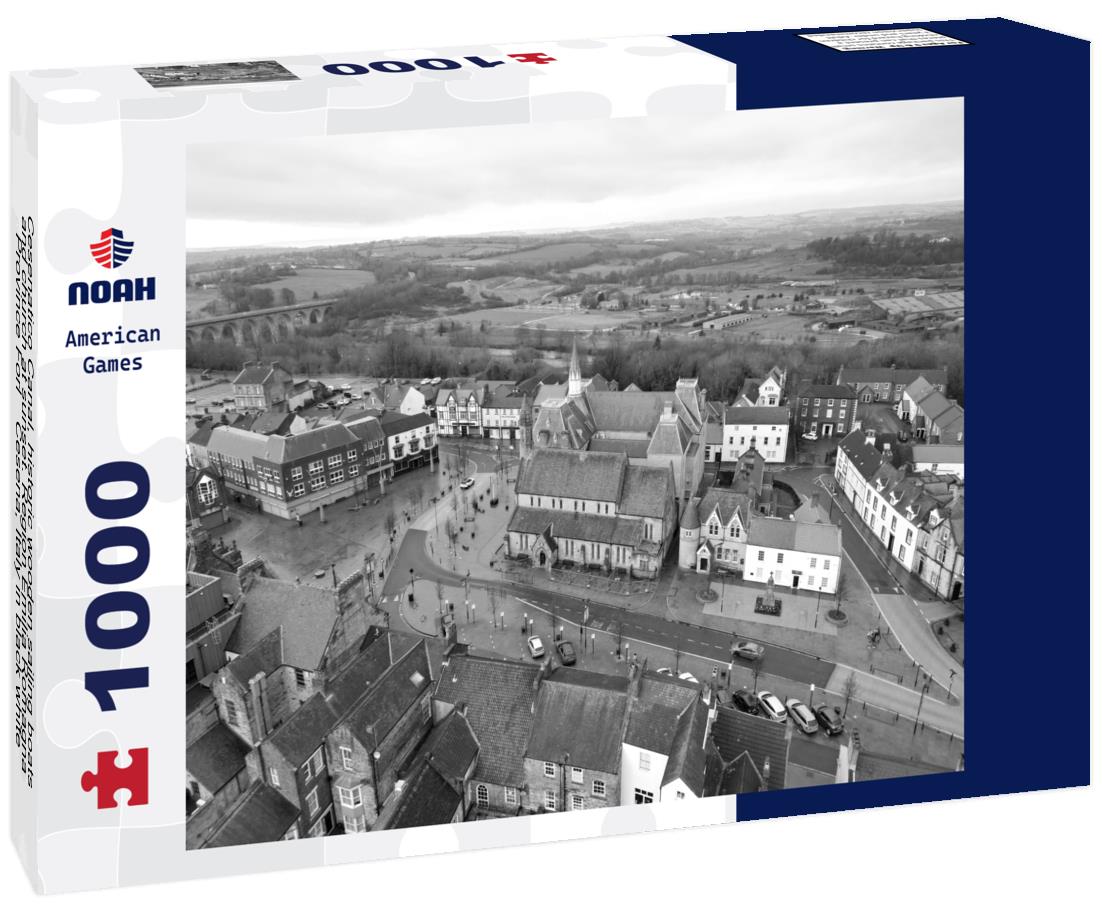 Noah Jigsaw Puzzle Cesenatico Canal, historic wooden sailing boats and church at sunset. Region Emilia Romagna, Province Forlì Cesena, Italy in black white 1000 pieces