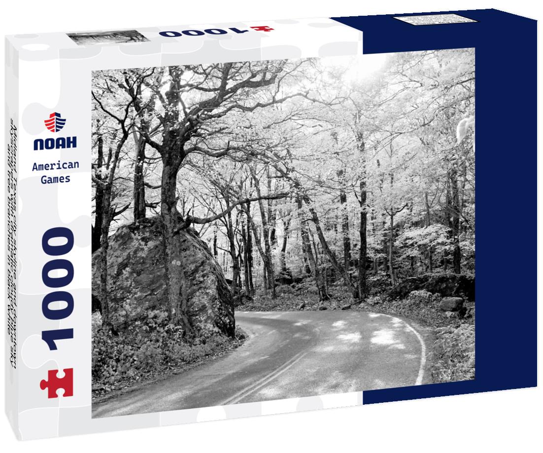 Noah Jigsaw Puzzle Midland Texas city skyline and downtown skyscrapers with dramatic cloudy blue sky and tree branches in black white 1000 pieces