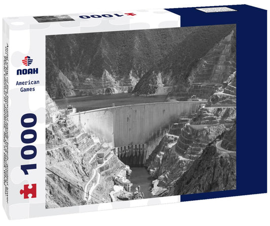 Noah Jigsaw Puzzle Aerial view of the beautiful sandy beach, ancient tower on the hill, sea bow, mountains on a summer's day. Porto Giunco in Sardinia, Italy in black white 1000 pieces