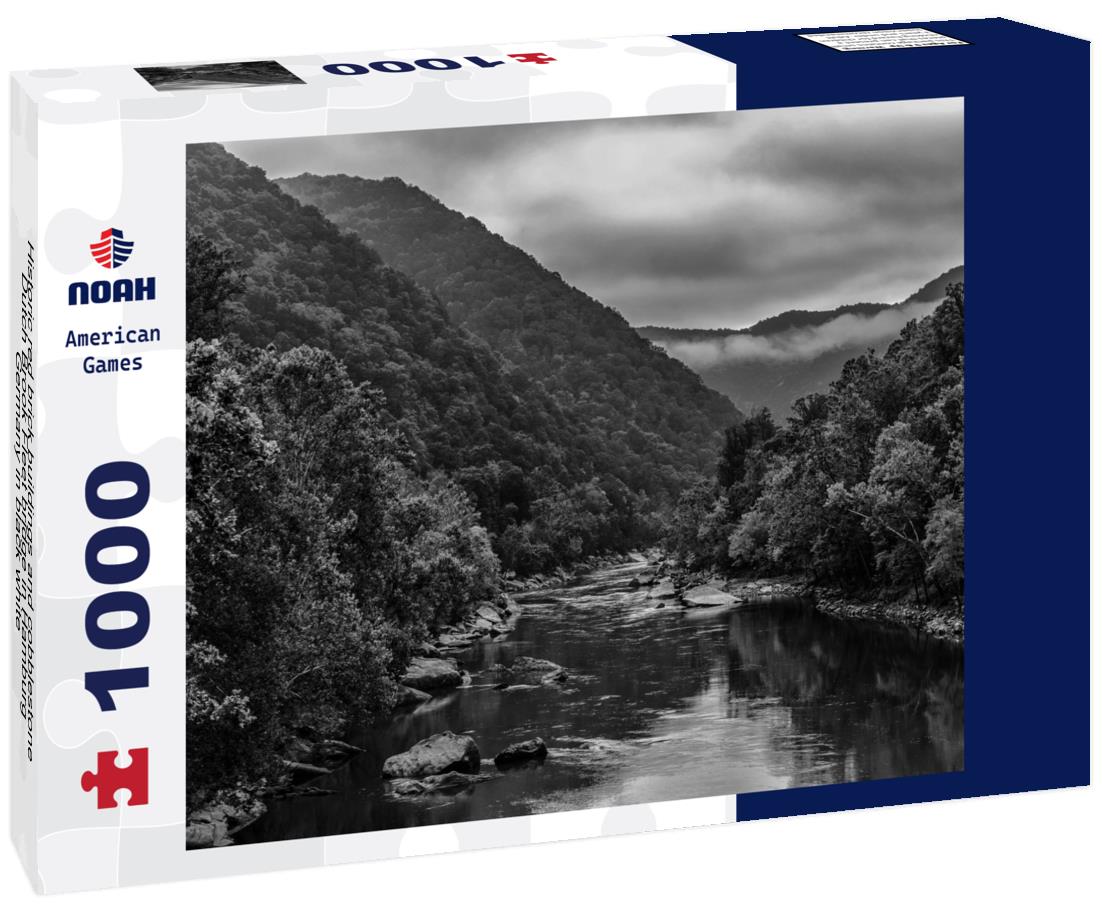 Noah Jigsaw Puzzle Historic red brick buildings and cobblestone Dutch Brook Fleet bridge in Hamburg, Germany in black white 1000 pieces