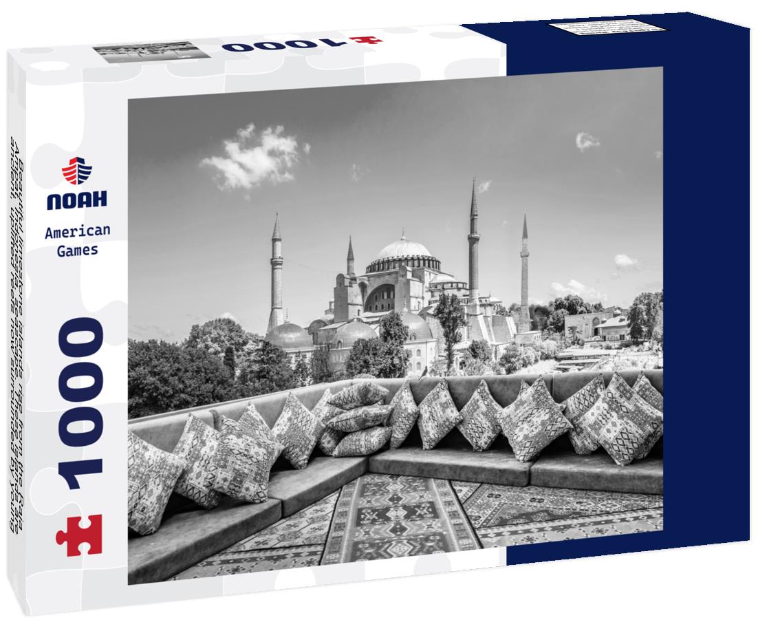 Noah Jigsaw Puzzle Beautiful limestone islands rise from the Raja Ampat, Indonesia, seascape. These islands are ancient, uplifted reefs now surrounded by young, fringing coral reefs in black white 1000 pieces