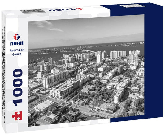 Noah Jigsaw Puzzle Jacksonville City Downtown Skyline and buildings with dramatic winter storm clouds over John T. Alsop Jr. Bridge, the landmark lift bridge on Main Street over the St. Johns River in North Florida in black white 1000 pieces