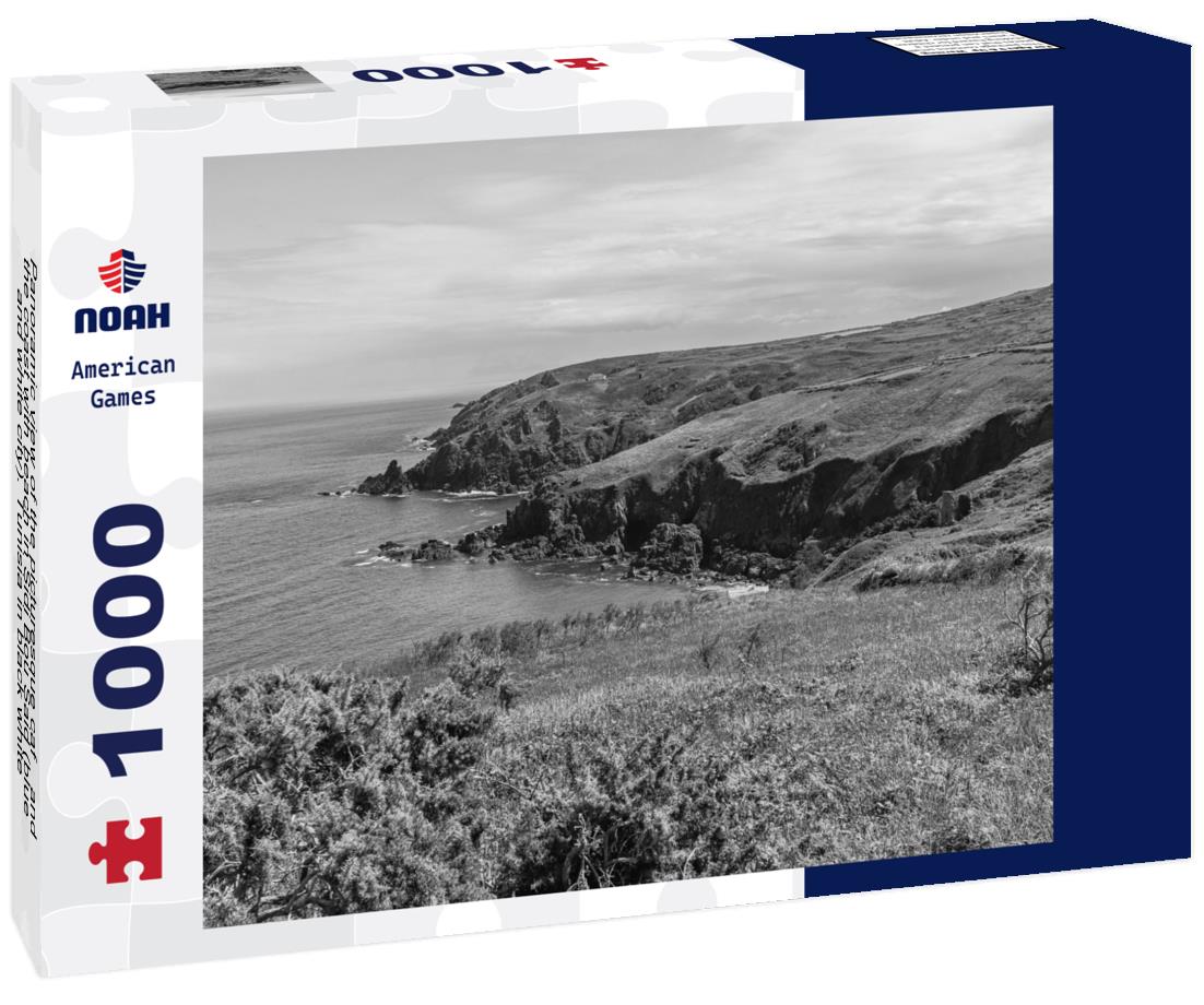 Noah Jigsaw Puzzle Panoramic view of the picturesque café and the coast with beach in Sidi Bou Said (blue and white city). Tunisia in black white 1000 pieces