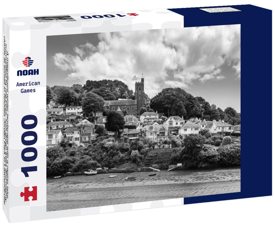 Noah Jigsaw Puzzle A magnificent winter landscape with a raging lake surrounded by red trees, lush green trees and mighty clouds at sunset in Rhodes Jordan Park in Lawrenceville Georgia USA in black white 1000 pieces