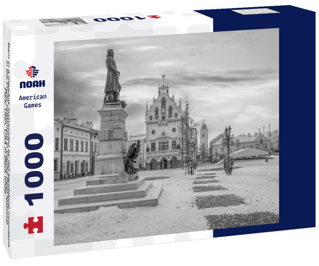 Noah Jigsaw Puzzle Barn in a meadow surrounded by red sandstone mountains in the Fruita settlement in Capitol Reef National Park, Utah, USA in black white 1000 pieces